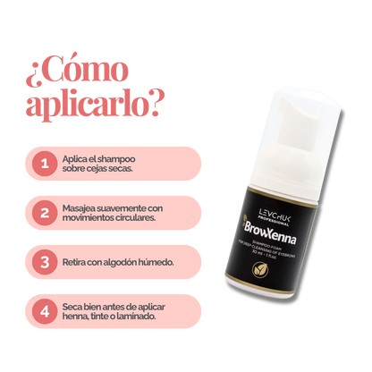 Frasco de BrowXenna Shampoo‑Foam, espuma limpiadora profunda para cejas y pestañas, ideal para pretratamiento antes de tintado y laminación.