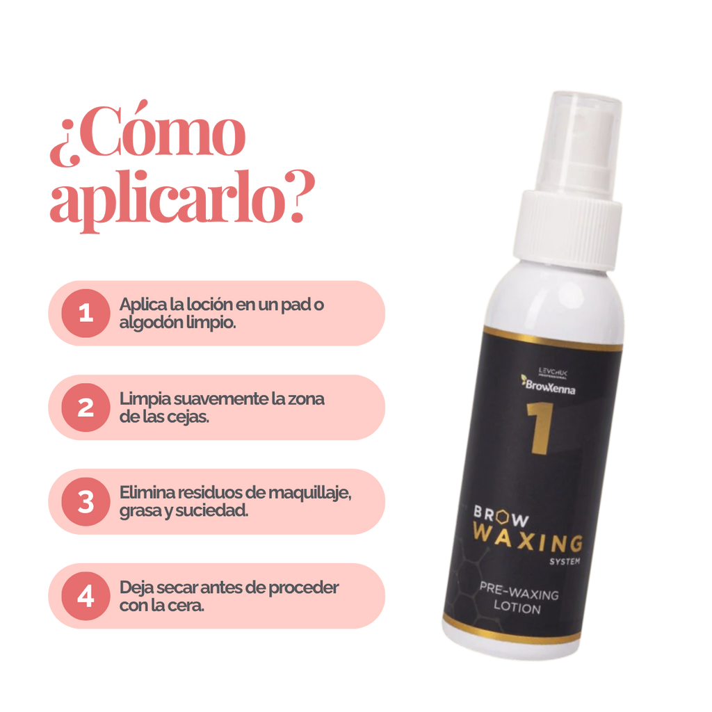 Frasco de BrowXenna Pre‑Waxing Lotion #1 (100 ml), loción preparadora profesional con aloe y mentol, idéntica al primer paso en el protocolo SPA para depilación de cejas.