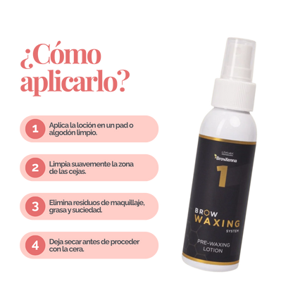 Frasco de BrowXenna Pre‑Waxing Lotion #1 (100 ml), loción preparadora profesional con aloe y mentol, idéntica al primer paso en el protocolo SPA para depilación de cejas.