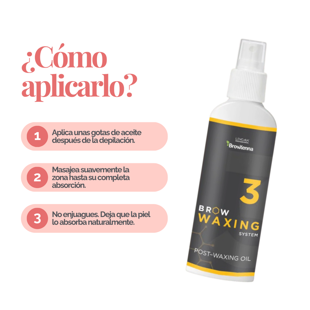 Frasco de aceite BrowXenna Post‑Waxing Oil #3 (100 ml), aceite post-depilación con lavanda, coco y mentol para hidratar, refrescar y limpiar la piel tras depilación de cejas.