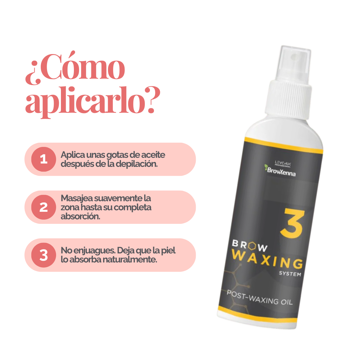 Frasco de aceite BrowXenna Post‑Waxing Oil #3 (100 ml), aceite post-depilación con lavanda, coco y mentol para hidratar, refrescar y limpiar la piel tras depilación de cejas.