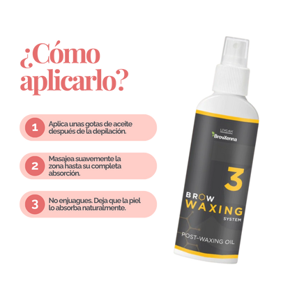 Frasco de aceite BrowXenna Post‑Waxing Oil #3 (100 ml), aceite post-depilación con lavanda, coco y mentol para hidratar, refrescar y limpiar la piel tras depilación de cejas.