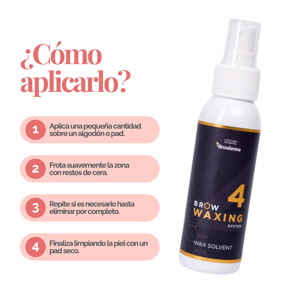 Frasco de 100 ml de solvente BrowXenna Wax Solvent #4, solución rápida para eliminar residuos de cera sólida tras la depilación, ideal para acabados impecables en estudios profesionales.