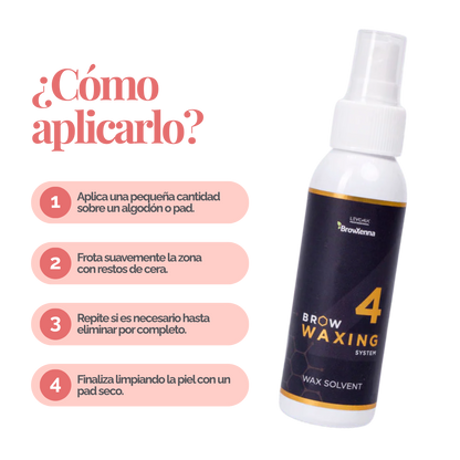 Frasco de 100 ml de solvente BrowXenna Wax Solvent #4, solución rápida para eliminar residuos de cera sólida tras la depilación, ideal para acabados impecables en estudios profesionales.