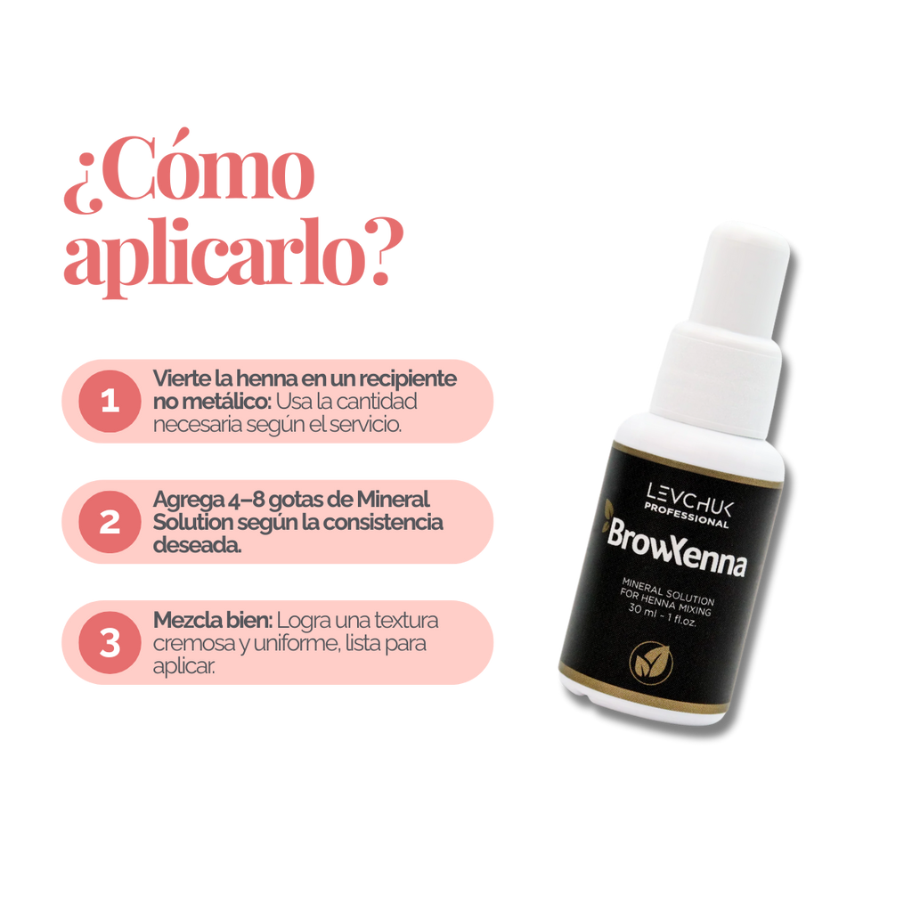 Mineral solution for henna mixing 30 ml, BrowXenna
activador profesional y puro, formulado para mezclar con henna de cejas, que potencia la pigmentación y duración sin impurezas.