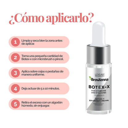 Frasco de 10 ml de BrowXenna Botex‑X, concentrado reparador con ceramidas para cejas y pestañas, restaura densidad, brillo y vitalidad tras tratamientos agresivos.