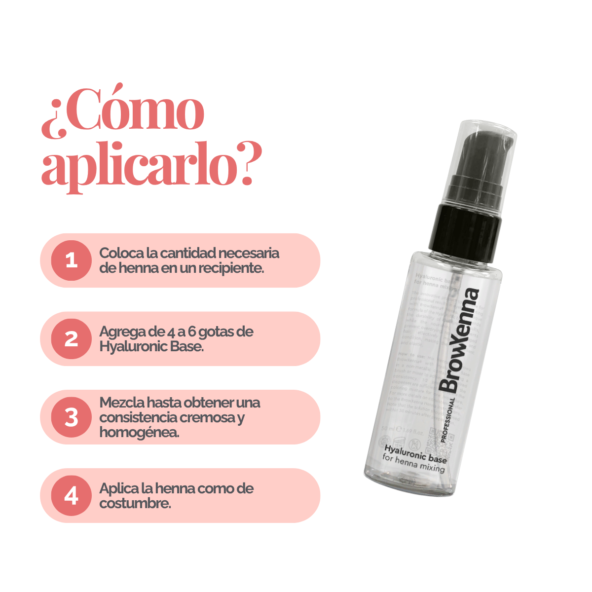 Envase de BrowXenna Hyaluronic Base 50 ml en gel, ideal para mezclar con henna profesional y lograr una aplicación uniforme, hidratante y de larga duración en tratamientos de cejas.