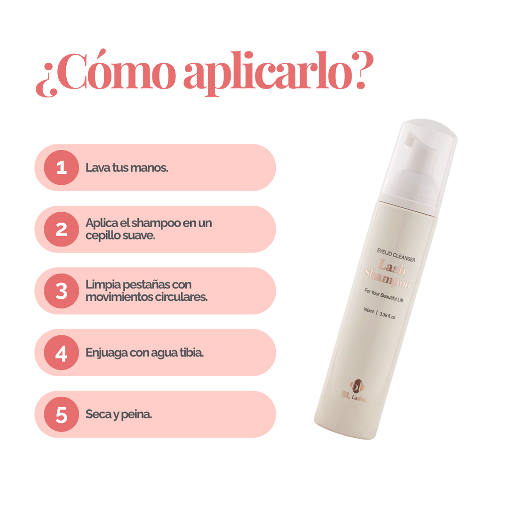 Botella de Lash Shampoo Plus BL Lashes con dosificador de espuma, muestra de espuma sobre fondo blanco, diseño profesional, concepto de limpieza profunda para extensiones de pestañas