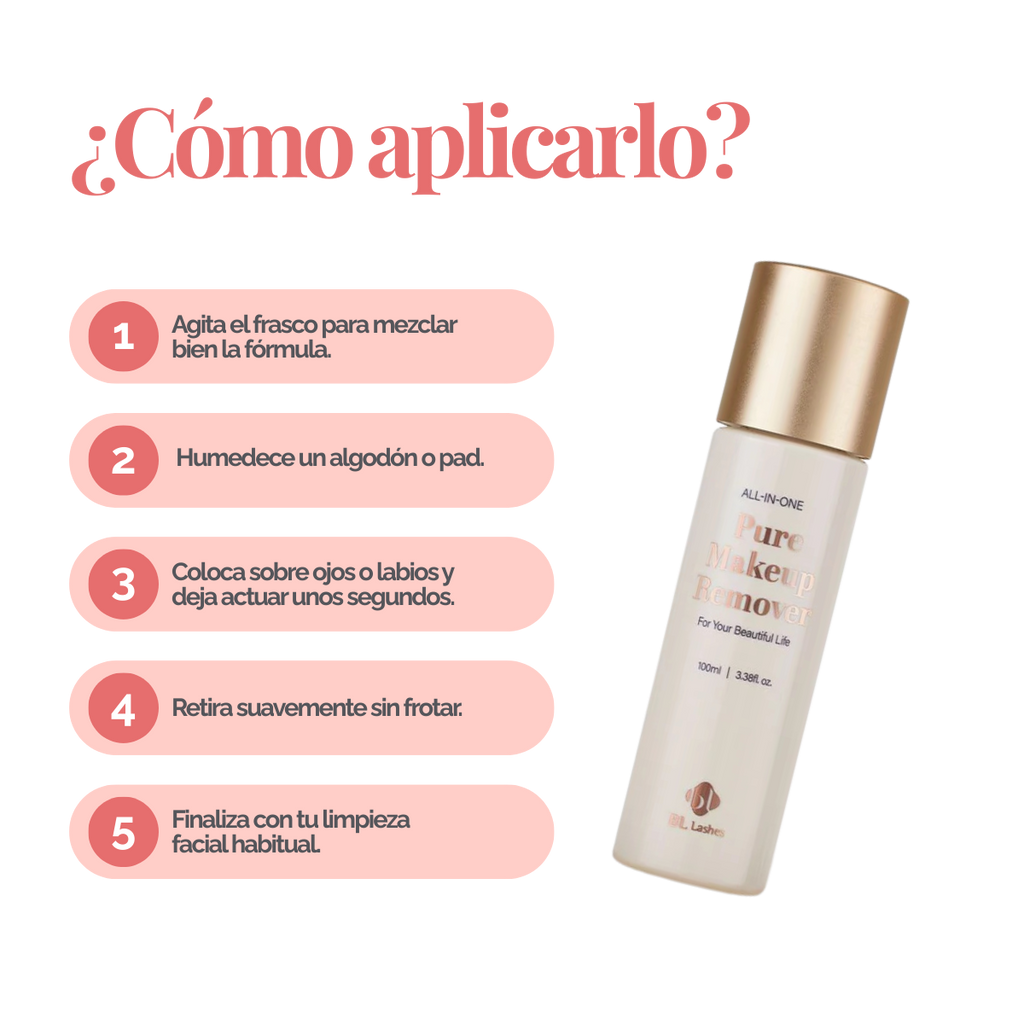 Botella de 100 ml de Pure Clear Lip & Eye Makeup Remover BL Lashes, envase transparente con etiqueta, sobre fondo blanco, concepto desmaquillante oil‑free seguro para extensiones