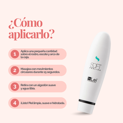 Envase de 100 ml de InLei Soft Peeling, exfoliante suave para cejas, rostro y escote, textura ligera no grasa, presentación profesional de estética