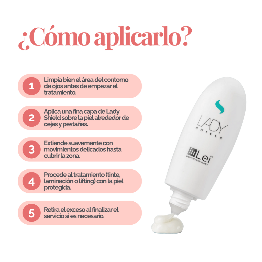 Envase de 50 ml de InLei Lady Shield crema barrera para cejas, diseño elegante, presentación profesional, contorno de ceja protegido con textura ligera