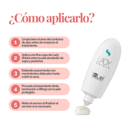 Envase de 50 ml de InLei Lady Shield crema barrera para cejas, diseño elegante, presentación profesional, contorno de ceja protegido con textura ligera
