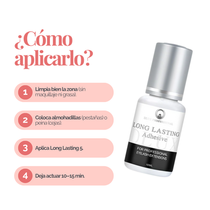 Adhesivo Long Lasting Dlux Pro 5 ml – pegamento profesional para extensiones de pestañas, secado rápido y retención prolongada sin irritación.