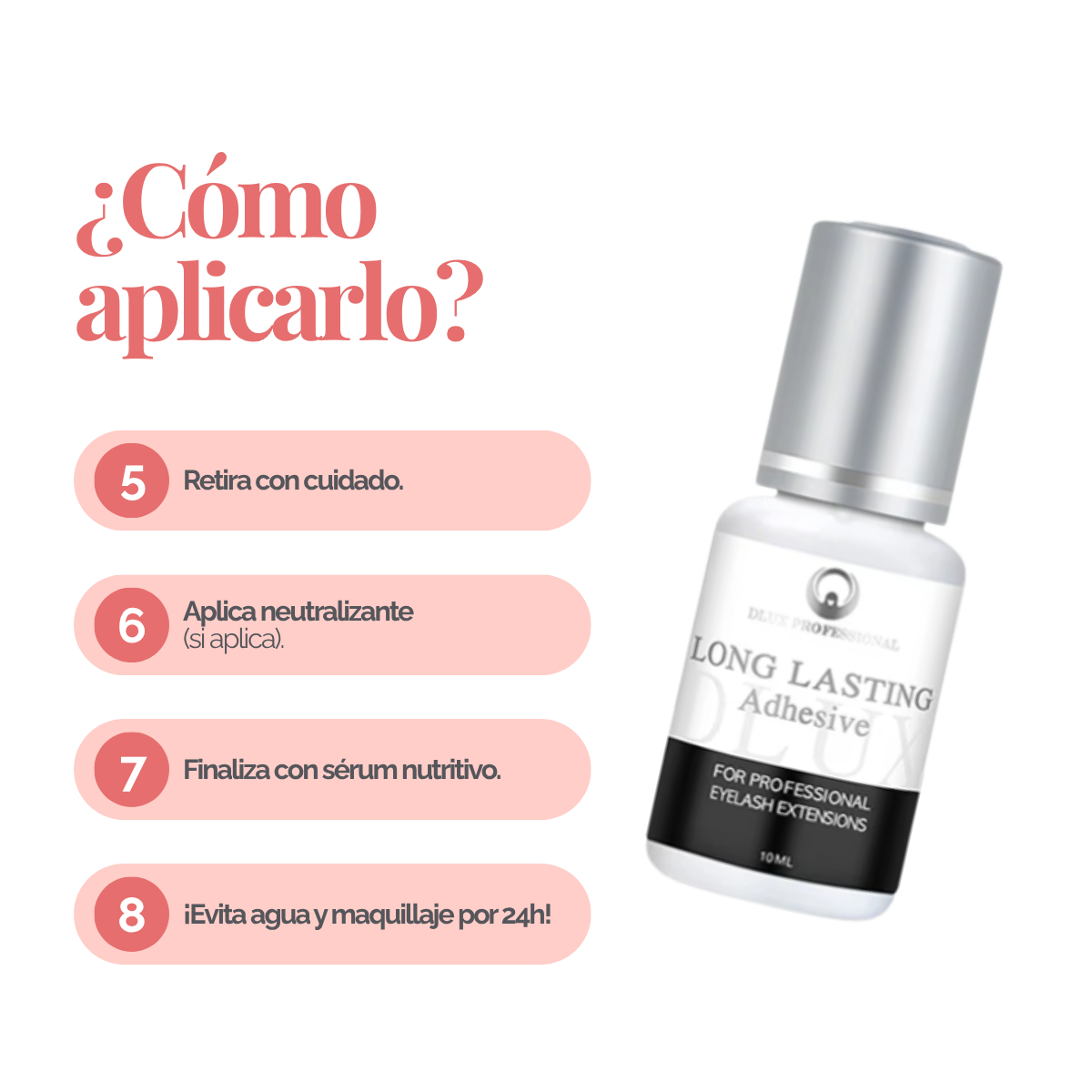 Adhesivo Long Lasting Dlux Pro 5 ml – pegamento profesional para extensiones de pestañas, secado rápido y retención prolongada sin irritación.