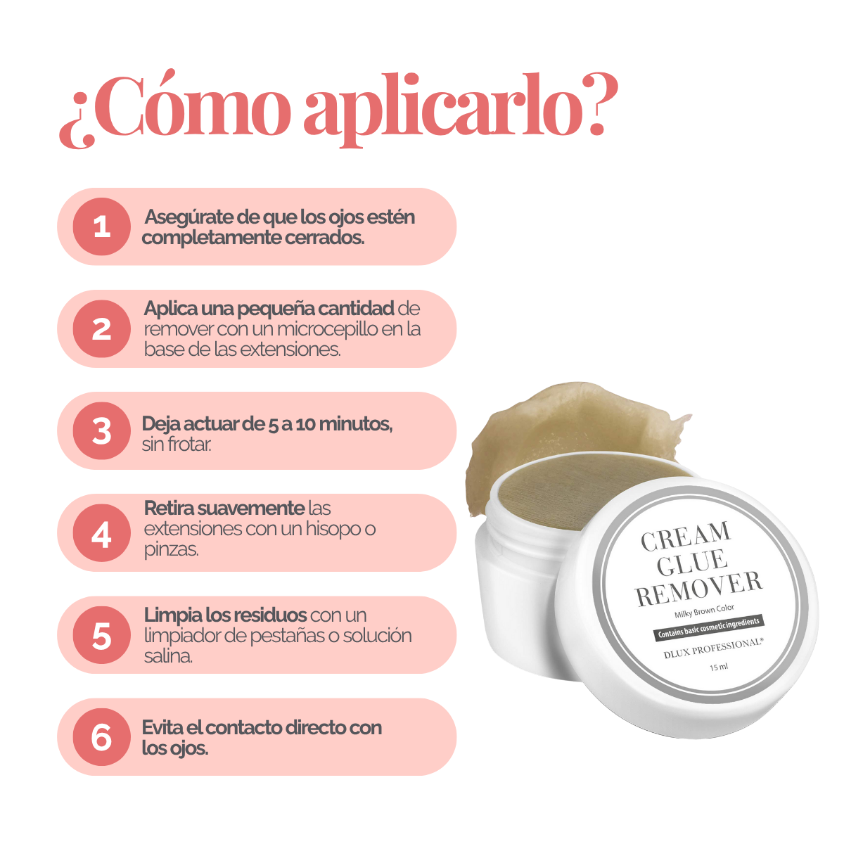 Removedor en crema DLux Pro 15 ml – disuelve adhesivo de extensiones de pestañas sin goteo y con máxima precisión profesiona
