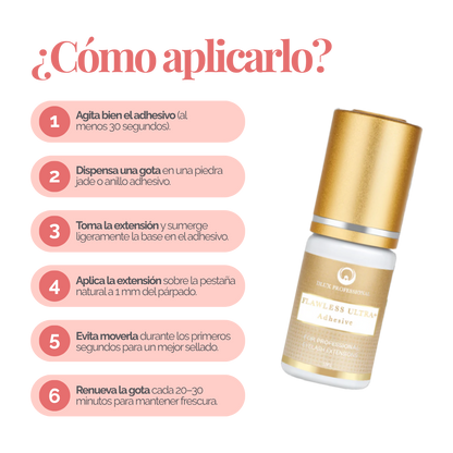 Adhesivo Flawless Ultra+ DLUX profesional secado‑rápido 1 seg retención 8‑9 semanas