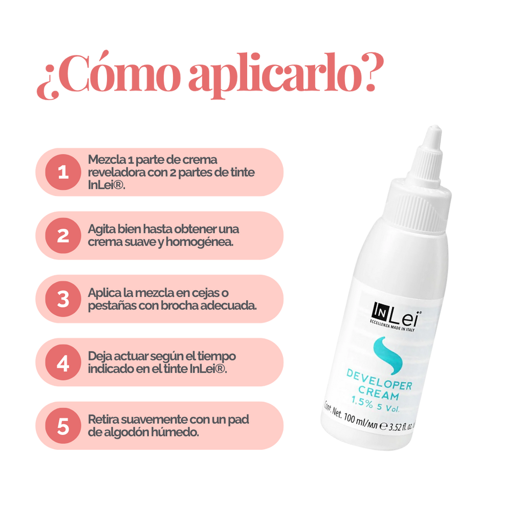Botella de 100 ml de InLei Developer Cream 1.5 % 5 VOL, activador en crema para tintes de cejas y pestañas, hecho en Italia, envase elegante