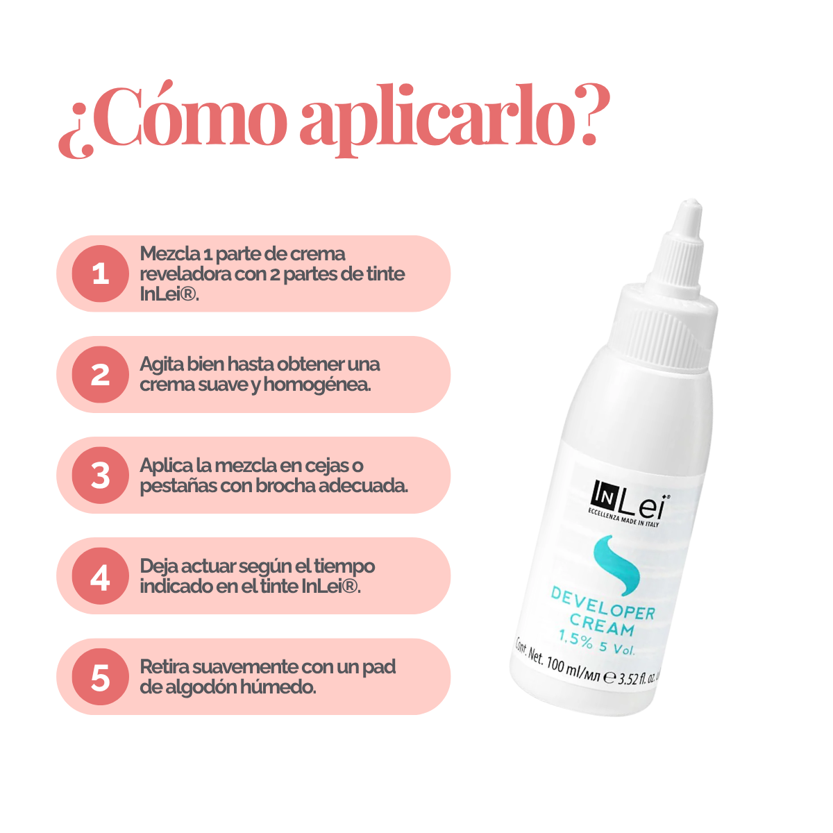 Botella de 100 ml de InLei Developer Cream 1.5 % 5 VOL, activador en crema para tintes de cejas y pestañas, hecho en Italia, envase elegante