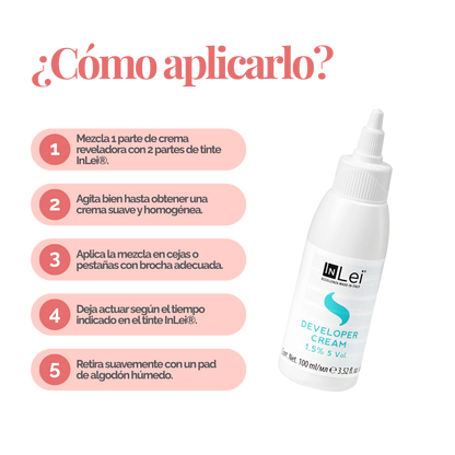 Botella de 100 ml de InLei Developer Cream 1.5 % 5 VOL, activador en crema para tintes de cejas y pestañas, hecho en Italia, envase elegante