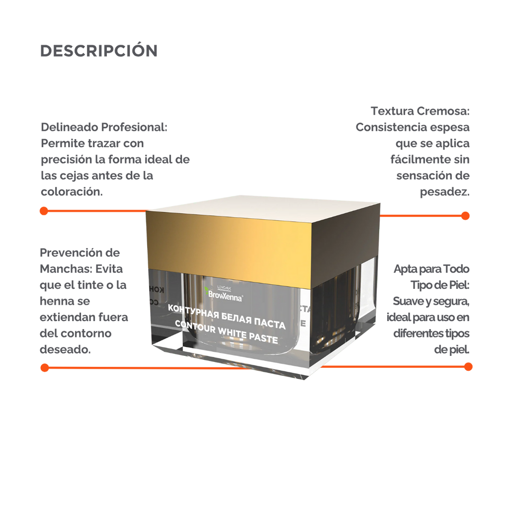 Envase de pasta blanca BrowXenna Contour White Paste 10 g, pasta cremosa para definir contornos de cejas y lograr simetría y precisión en tratamientos profesionales de coloración y laminación