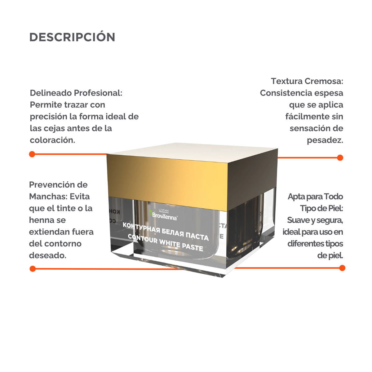Envase de pasta blanca BrowXenna Contour White Paste 10 g, pasta cremosa para definir contornos de cejas y lograr simetría y precisión en tratamientos profesionales de coloración y laminación