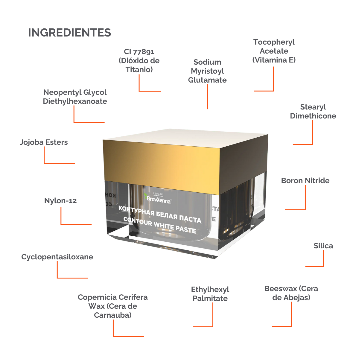 Envase de pasta blanca BrowXenna Contour White Paste 10 g, pasta cremosa para definir contornos de cejas y lograr simetría y precisión en tratamientos profesionales de coloración y laminación