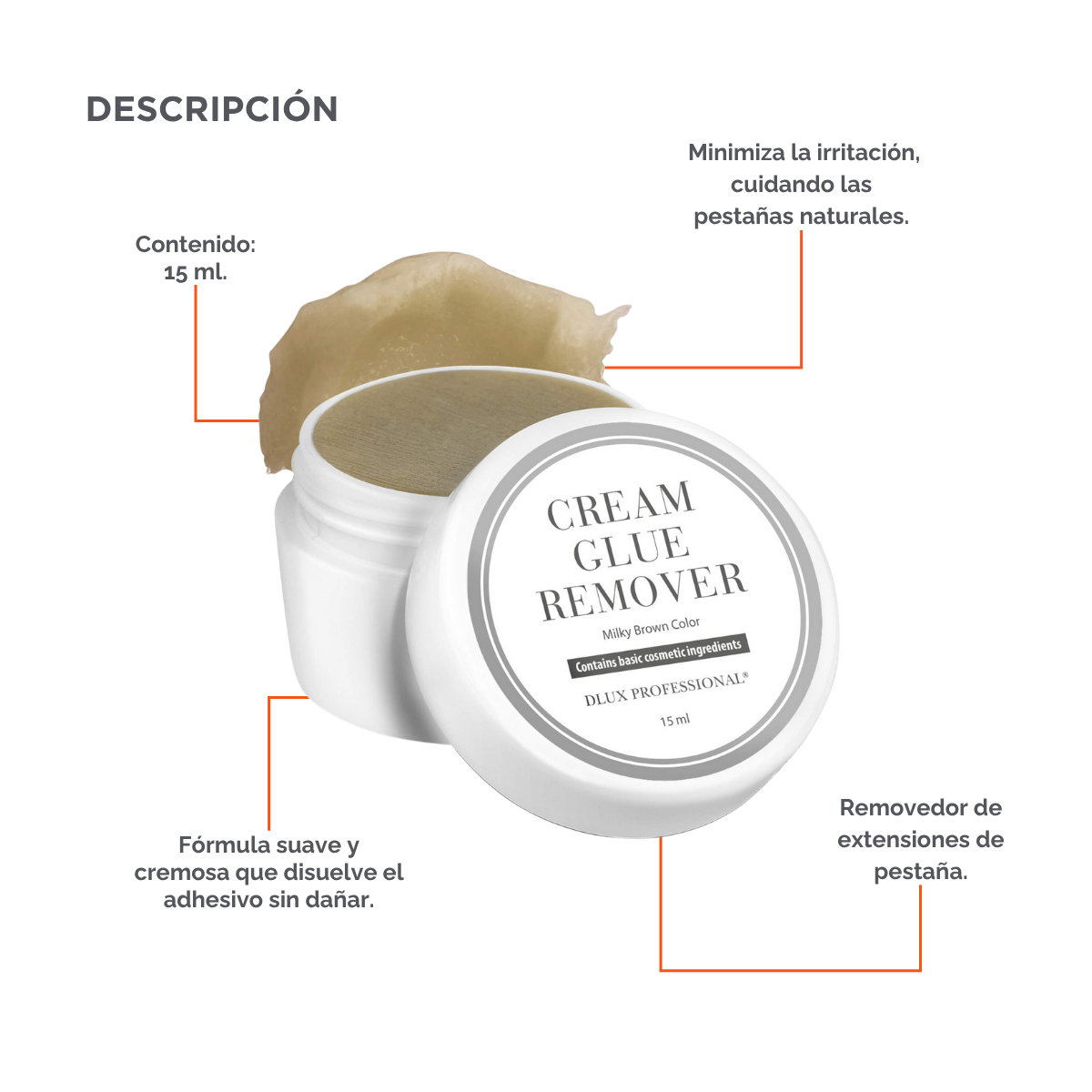 Removedor en crema DLux Pro 15 ml – disuelve adhesivo de extensiones de pestañas sin goteo y con máxima precisión profesiona