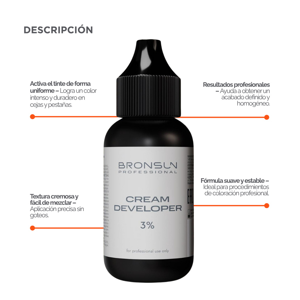 Cream Developer  profesional para tinte de cejas y pestañas, oxidante cremoso premium diseñado para brow artists y lash technicians. Fórmula de textura uniforme ideal para mezclar con tintes profesionales y lograr aplicaciones precisas, resultados homogéneos y servicios de belleza de alta gama.
