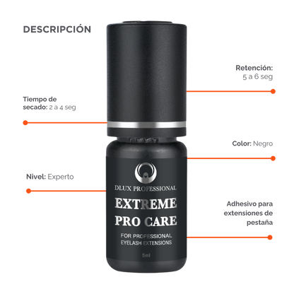 Adhesivo DLUX Pro Care profesional secado 2‑4 s retención 5‑6 semanas ingredientes seguros Ethyl Cyanoacrylate Polymethylmethacrylate