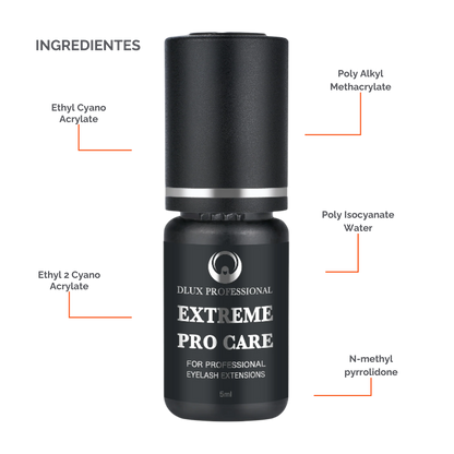Adhesivo DLUX Pro Care profesional secado 2‑4 s retención 5‑6 semanas ingredientes seguros Ethyl Cyanoacrylate Polymethylmethacrylate
