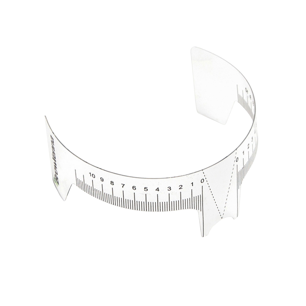 Regla para cejas con indicador, flexible y transparente, doble escala centrada para simetría profesional en diseño de cejas.