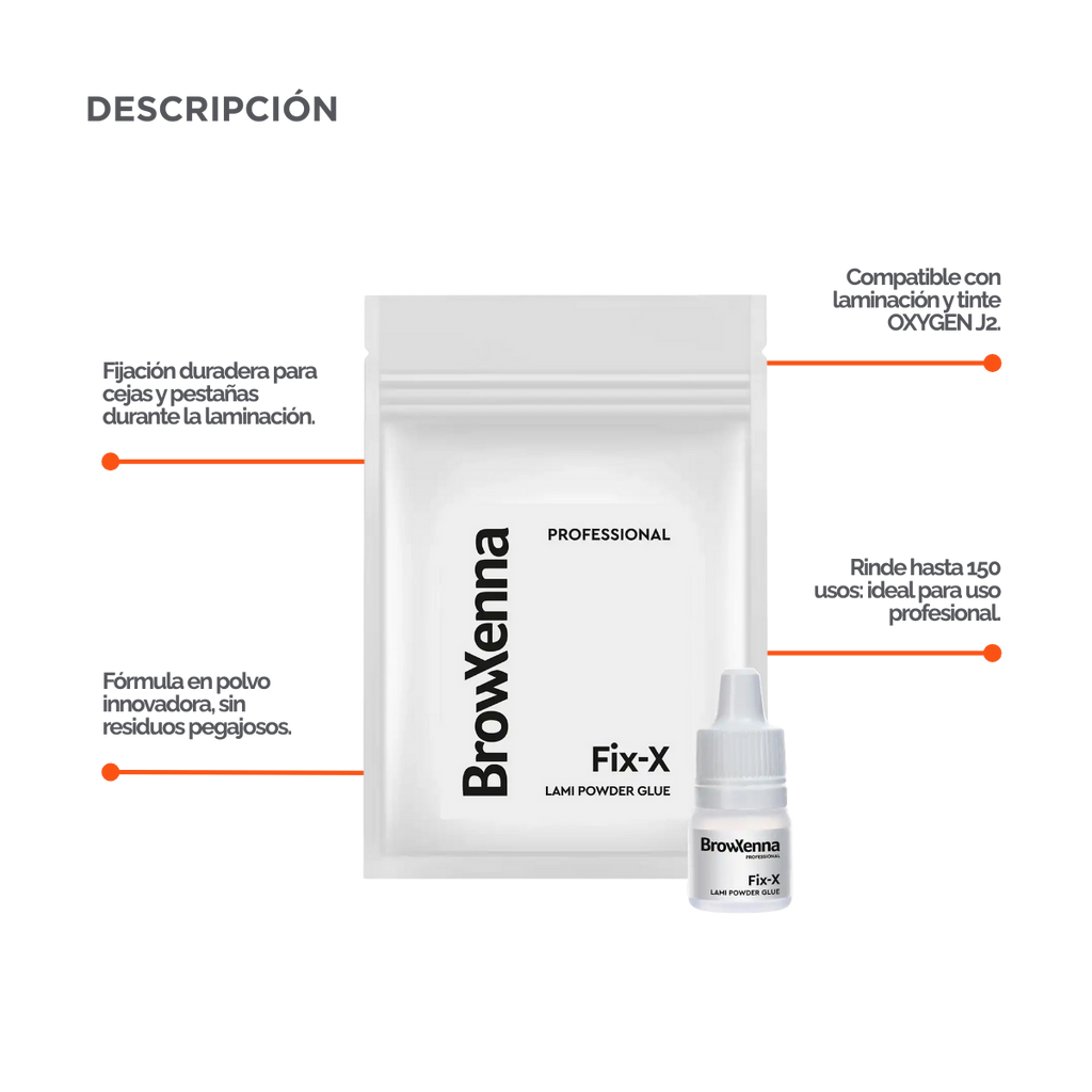 Fix‑X Lami Powder Glue BrowXenna® 3 ml, adhesivo en polvo profesional para laminación de cejas y pestañas, fijación uniforme sin pegamento, hasta 150 usos, ideal para técnicos de belleza.
