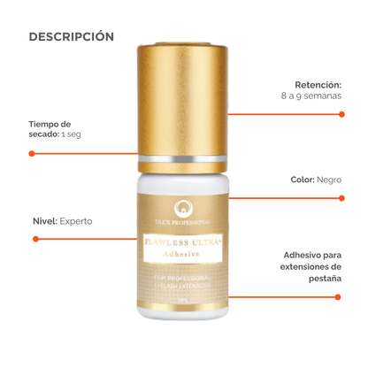 Adhesivo Flawless Ultra+ DLUX profesional secado‑rápido 1 seg retención 8‑9 semanas