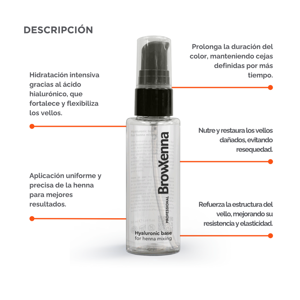 Envase de BrowXenna Hyaluronic Base 50 ml en gel, ideal para mezclar con henna profesional y lograr una aplicación uniforme, hidratante y de larga duración en tratamientos de cejas.