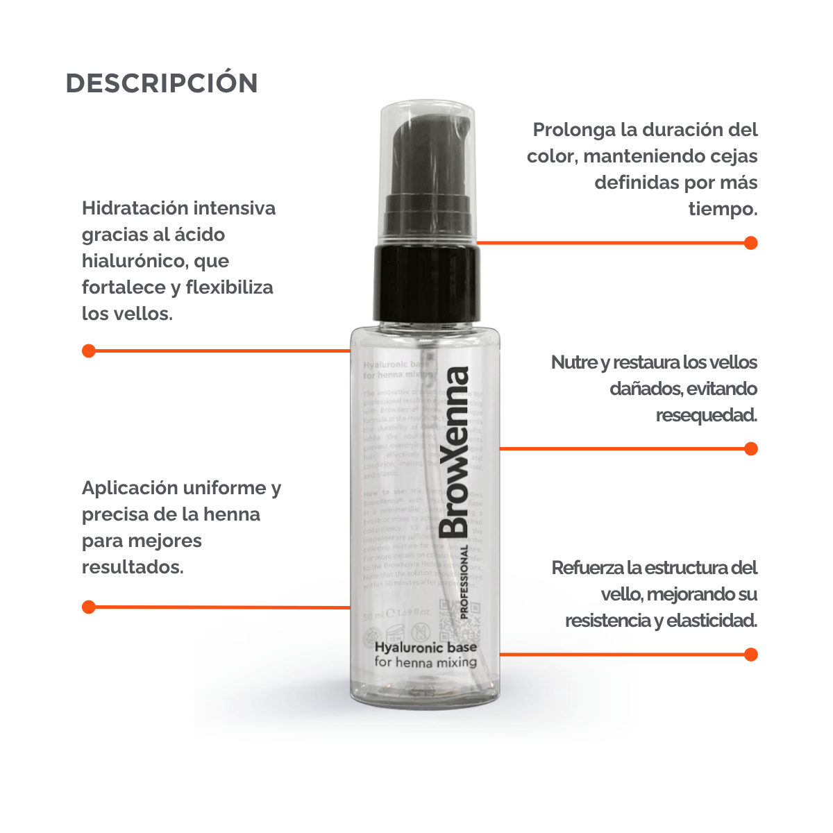 Envase de BrowXenna Hyaluronic Base 50 ml en gel, ideal para mezclar con henna profesional y lograr una aplicación uniforme, hidratante y de larga duración en tratamientos de cejas.