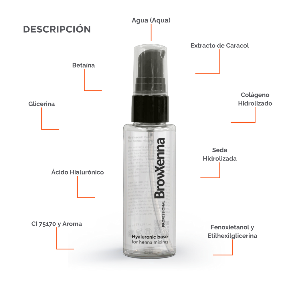 Envase de BrowXenna Hyaluronic Base 50 ml en gel, ideal para mezclar con henna profesional y lograr una aplicación uniforme, hidratante y de larga duración en tratamientos de cejas.