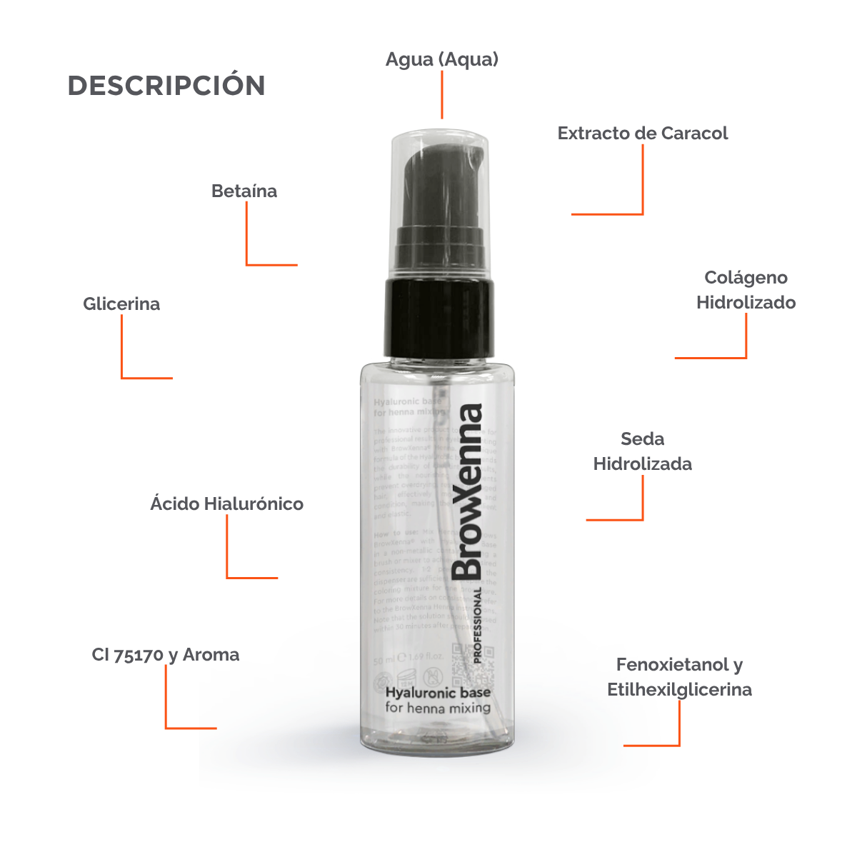 Envase de BrowXenna Hyaluronic Base 50 ml en gel, ideal para mezclar con henna profesional y lograr una aplicación uniforme, hidratante y de larga duración en tratamientos de cejas.