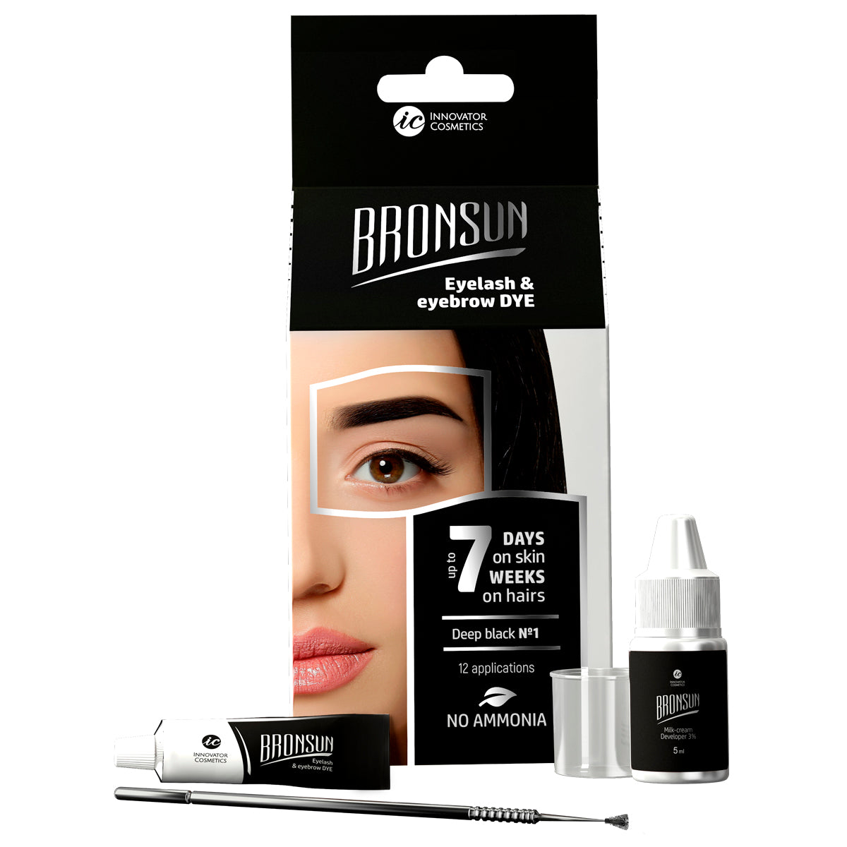 Kit de Tinte de Cejas y Pestañas BRONSUN Negro: coloración intensa y duradera con efecto henna para resultados profesionales en casa. Ideal para realzar la mirada con tonos personalizados y vibrantes que permanecen en la piel y el vello, con una fórmula suave y fortificante que evita la irritación.