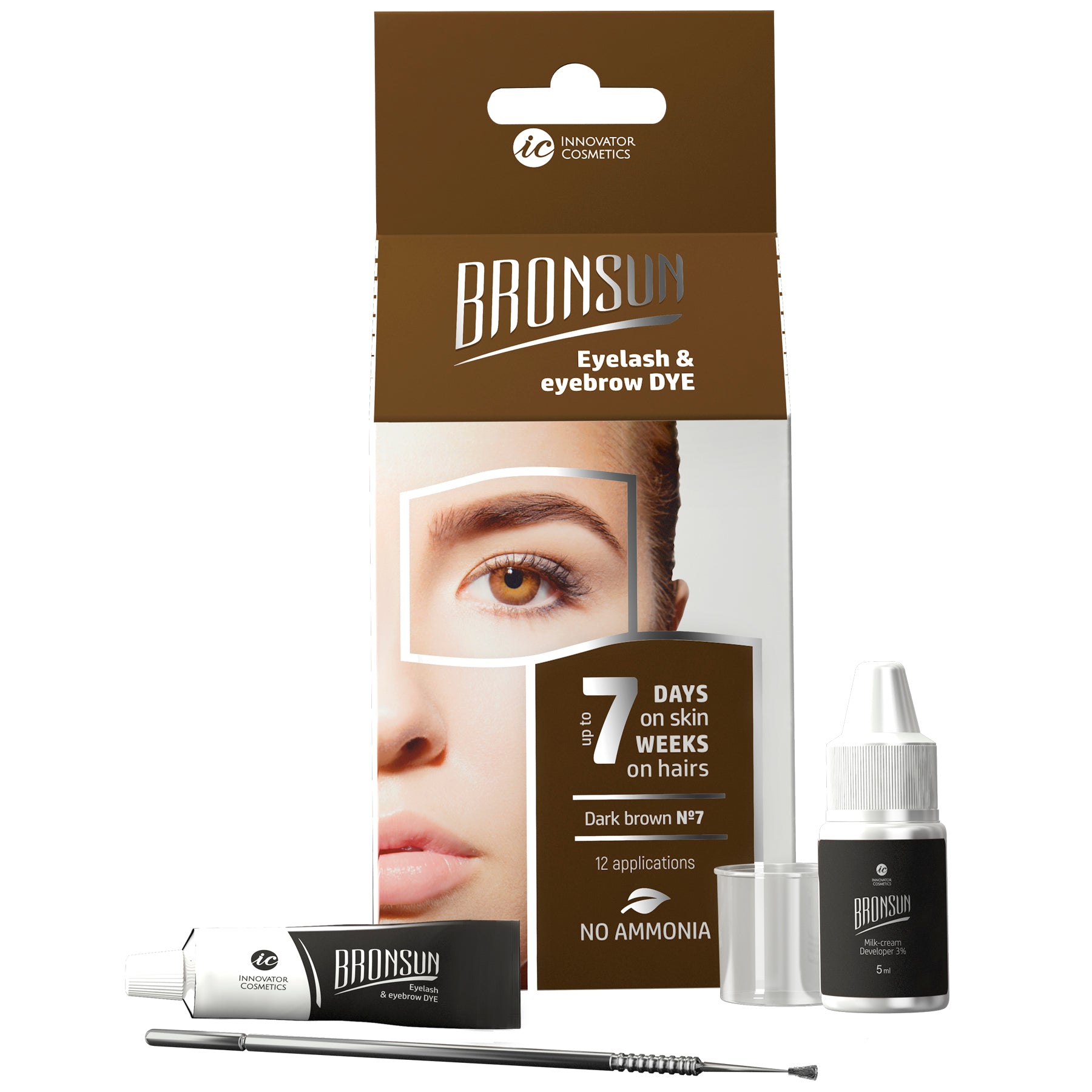 Kit de Tinte de Cejas y Pestañas BRONSUN marron obscuro: coloración intensa y duradera con efecto henna para resultados profesionales en casa. Ideal para realzar la mirada con tonos personalizados y vibrantes que permanecen en la piel y el vello, con una fórmula suave y fortificante que evita la irritación.