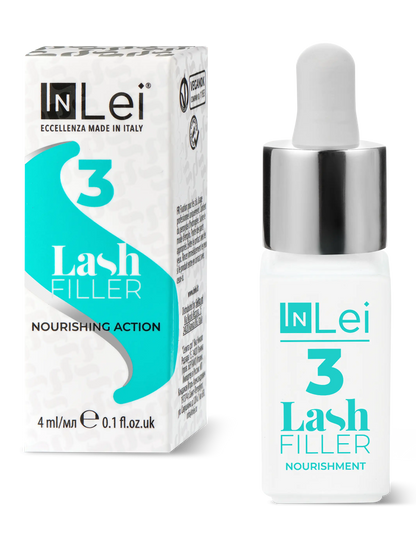 InLei® Lash Filler 3 proporciona una reestructuración molecular avanzada para pestañas laminadas, mejorando su grosor, elasticidad y resistencia con una fórmula vegana certificada, ideal para tratamientos de belleza premium.