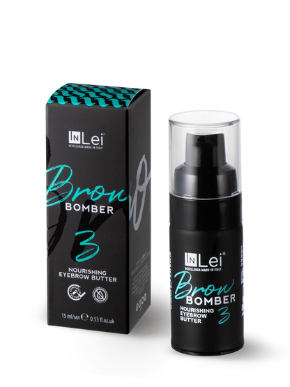 InLei® Brow Bomber 3, tratamiento nutritivo profesional para laminado de cejas, presentado en envase blanco con detalles dorados, ideal para técnicos de belleza especializados en ceja