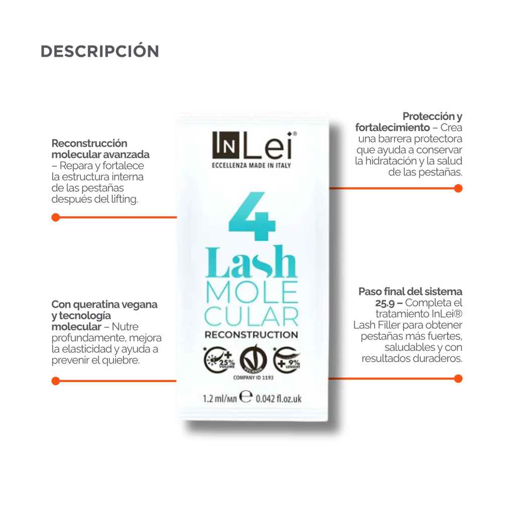 InLei Lash Molecular 4 Paso 4 Lash Filler 25.9 en presentación profesional de 9 sachets de 1.2 ml para reconstrucción molecular de pestañas y cejas, formulado con proteínas vegetales, quinoa y derivado de ácido hialurónico para aportar hidratación, fuerza, flexibilidad y brillo.