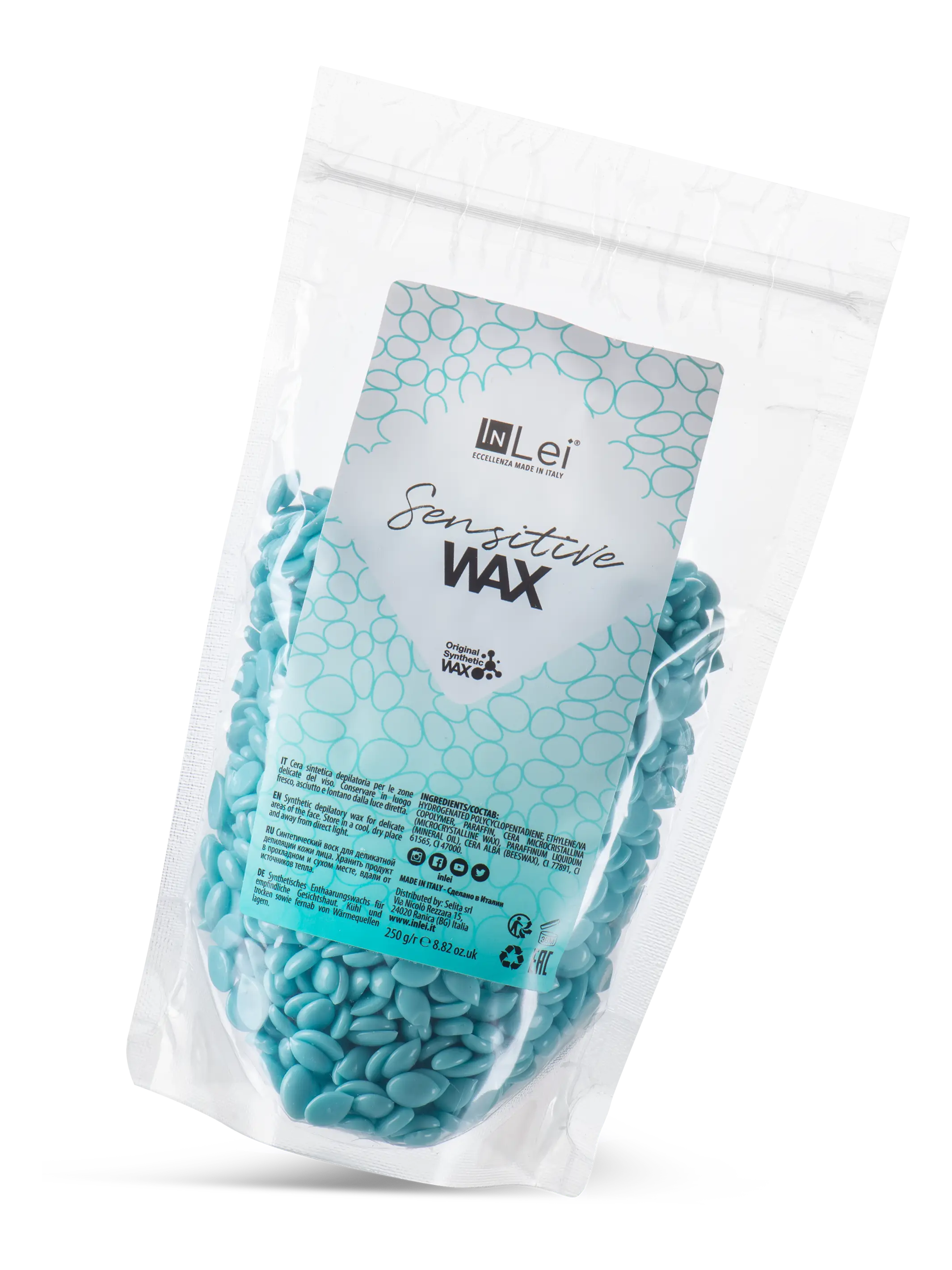  InLei® Sensitive Wax, cera italiana profesional para depilación facial en pieles sensibles, diseñada para técnicos de belleza. Presentación en envase blanco con tapa y detalles dorados.