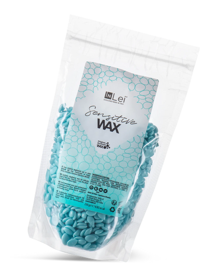  InLei® Sensitive Wax, cera italiana profesional para depilación facial en pieles sensibles, diseñada para técnicos de belleza. Presentación en envase blanco con tapa y detalles dorados.