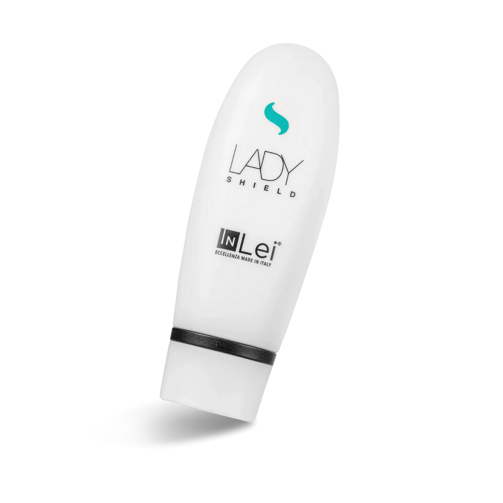 Envase de 50 ml de InLei Lady Shield crema barrera para cejas, diseño elegante, presentación profesional, contorno de ceja protegido con textura ligera
