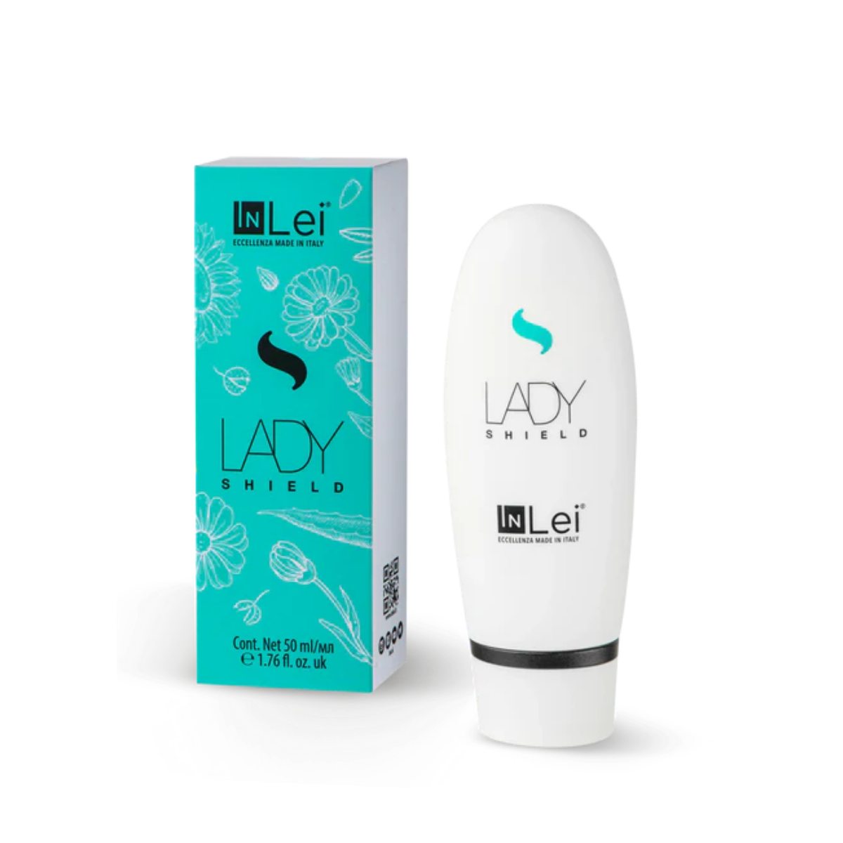 Envase de 50 ml de InLei Lady Shield crema barrera para cejas, diseño elegante, presentación profesional, contorno de ceja protegido con textura ligera