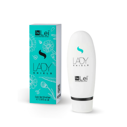 Envase de 50 ml de InLei Lady Shield crema barrera para cejas, diseño elegante, presentación profesional, contorno de ceja protegido con textura ligera