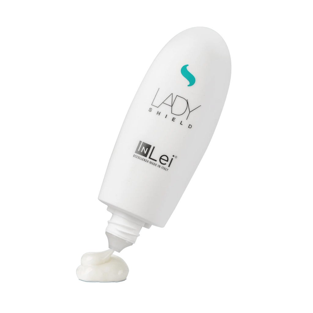 Envase de 50 ml de InLei Lady Shield crema barrera para cejas, diseño elegante, presentación profesional, contorno de ceja protegido con textura ligera