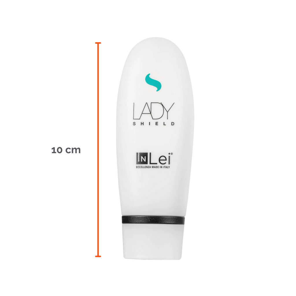 Envase de 50 ml de InLei Lady Shield crema barrera para cejas, diseño elegante, presentación profesional, contorno de ceja protegido con textura ligera