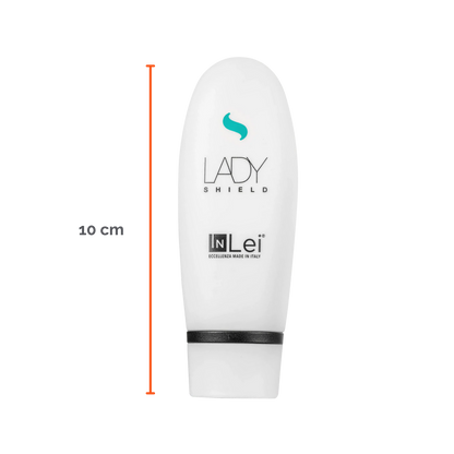 Envase de 50 ml de InLei Lady Shield crema barrera para cejas, diseño elegante, presentación profesional, contorno de ceja protegido con textura ligera